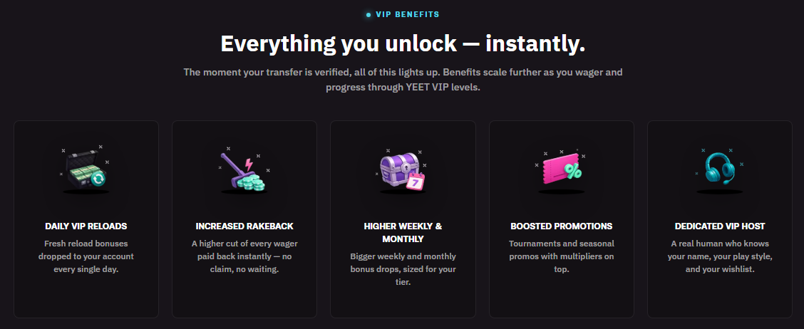 VIP benefits — daily reloads, rakeback, weekly & monthly bonuses, boosted promotions, dedicated host.